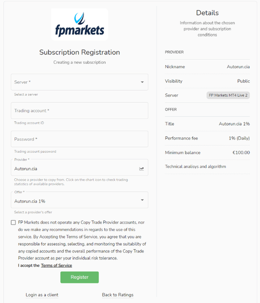 Suscripción en Copy Trading de FP Markets
